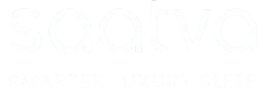 White Saatva logo featuring lowercase text above the slogan "SMARTER LUXURY SLEEP" in all caps. The white text is centered on a solid black background.
