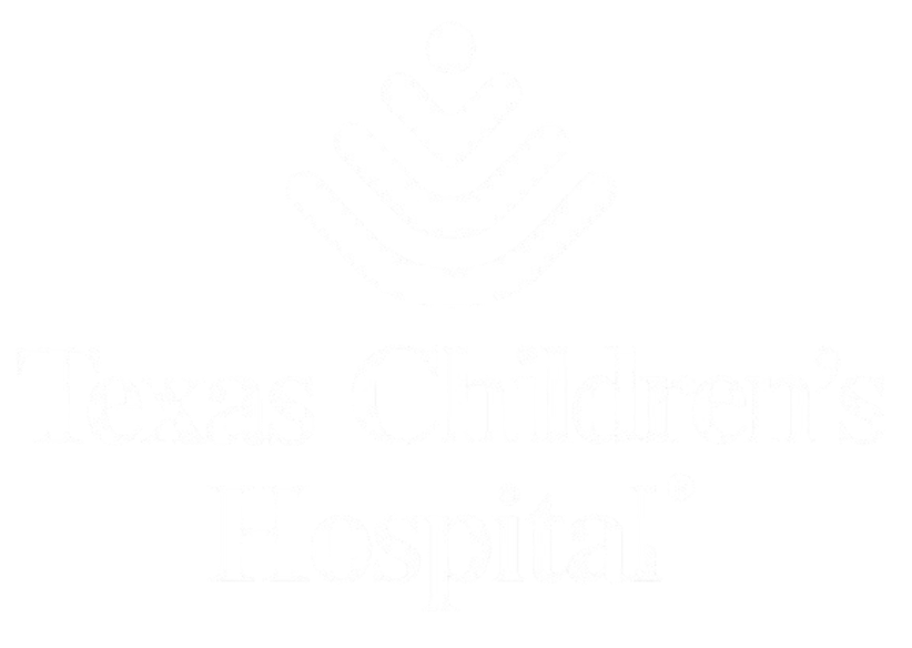 Texas Children's Hospital logo in white on black, featuring a stylized icon of three stacked, curved lines under a circle above the text "Texas Children’s Hospital".