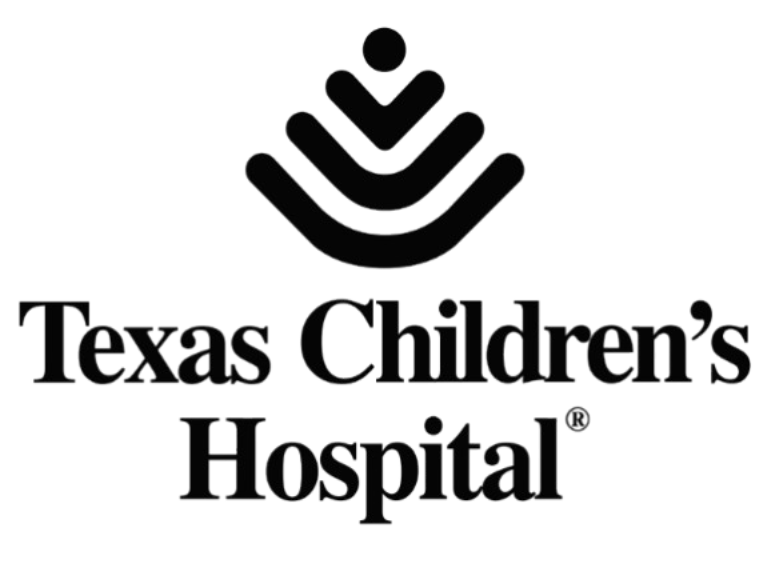 Logo for Texas Children's Hospital featuring an abstract icon of three nested V-shapes and a circle above the organization's name in a black serif font.