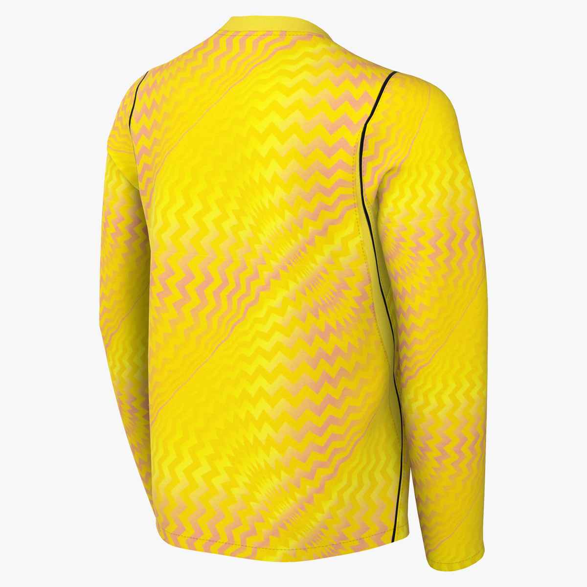 Back view of a yellow long-sleeved jersey with a pink zigzag pattern and black piping along the sides.