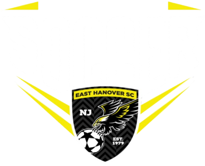 Logo for East Hanover SC featuring an eagle clutching a soccer ball on a black chevron shield, with "NJ", "EST. 1979", and yellow-and-white diagonal accents.