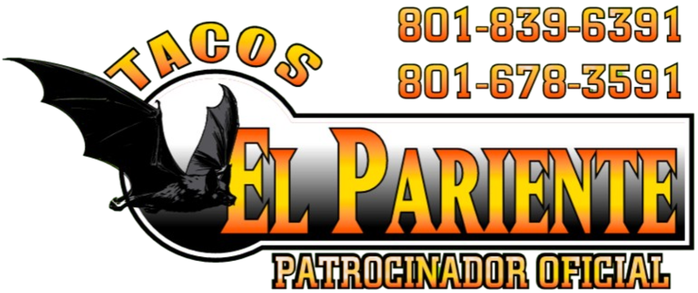 Logo for Tacos El Pariente on a black background. A black bat flies in front of a white circle. The text "TACOS," "EL PARIENTE," and "PATROCINADOR OFICIAL" are in an orange-to-yellow gradient. Two phone numbers are listed: 801-839-6391 and 801-678-3591.
