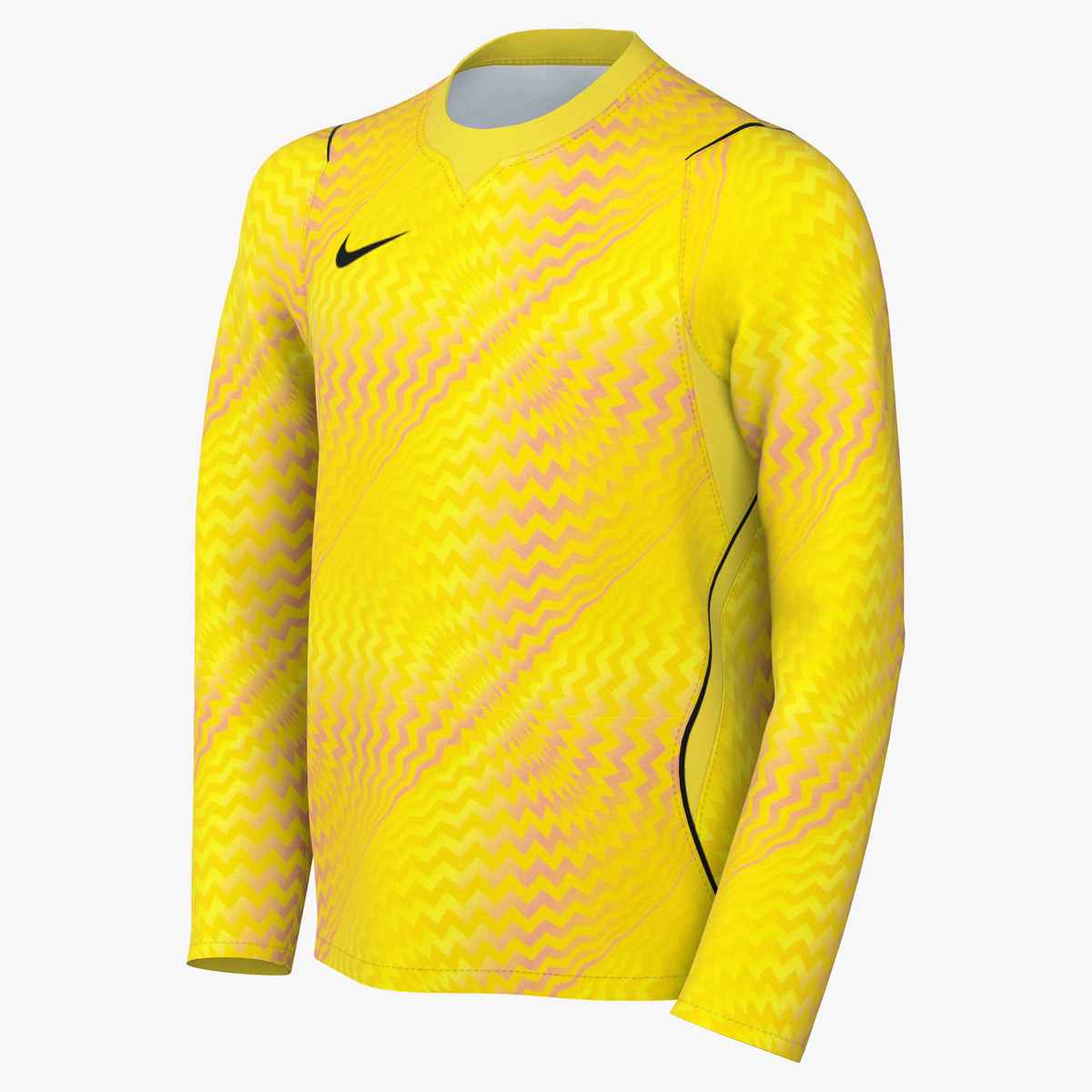 Long-sleeved bright yellow Nike goalkeeper jersey with a pink wavy zigzag pattern and a black swoosh logo on the chest.