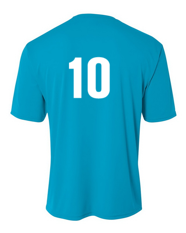 Back view of a bright blue short-sleeved athletic t-shirt with a large white number 10 printed in the center.