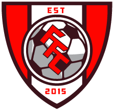 Shield-shaped soccer logo with red and white vertical stripes. A central soccer ball features stylized red letters "FFC" with "EST" above and "2015" below.