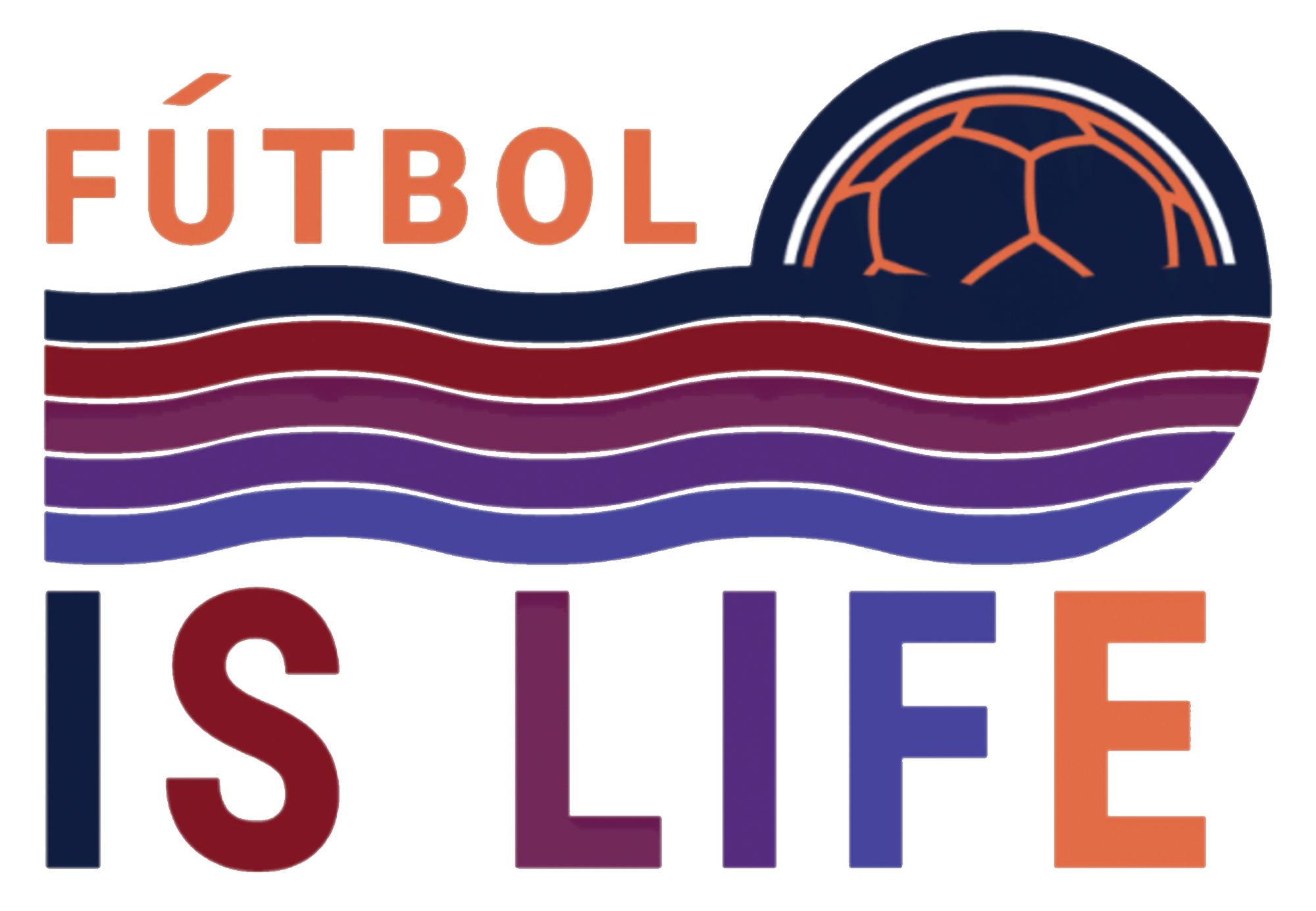 Graphic featuring the text "FÚTBOL IS LIFE" with multi-colored wavy stripes and a stylized orange soccer ball icon integrated into the design on the right.