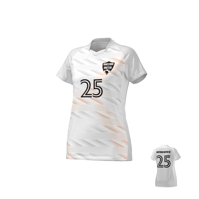 Front and back views of a white Hartford United soccer jersey featuring the number 25, a subtle grey striped pattern, and orange highlights.