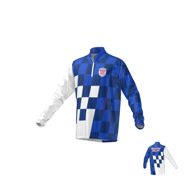 A Mens Denver Woven LS Q-Zip jacket featuring a blue and white checkered pattern, one white sleeve, and a "HRVATSKI ORLOVI" soccer crest on the chest and back.