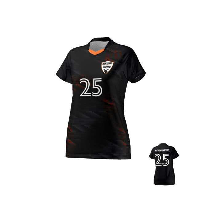 Front and back views of a black Hartford United soccer jersey with white number 25, team logo, and subtle orange gradient patterns.