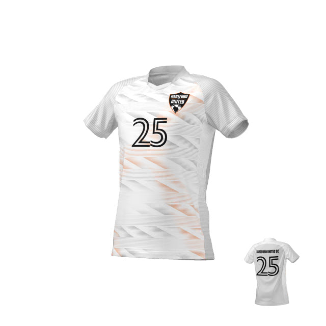 A 3D rendering showing the front and back views of a white Hartford United soccer jersey with light orange and grey diagonal patterns, the team logo, and the number 25.
