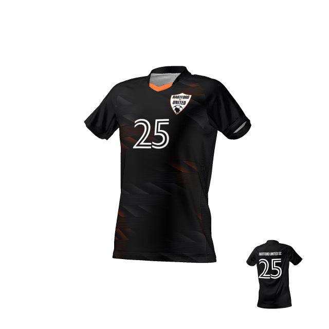 Black Hartford United soccer jersey featuring white number 25 and orange graphic accents. Includes views of both the front and back.