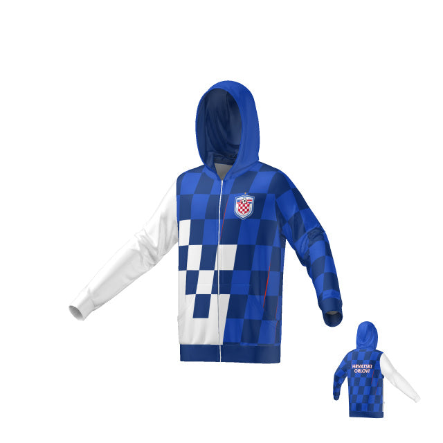 A front and back view of the Boys Denver Full-Zip Hoodie, featuring a blue and white checkered pattern on the body and left sleeve, a solid white right sleeve, and a small crest on the chest. The back view shows the words "HRVATSKI ORLOVI" printed in white across the shoulders.