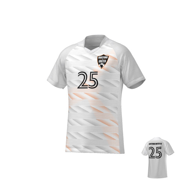 Front and back views of a white Hartford United SC soccer jersey with a grey and orange geometric pattern and the number 25.