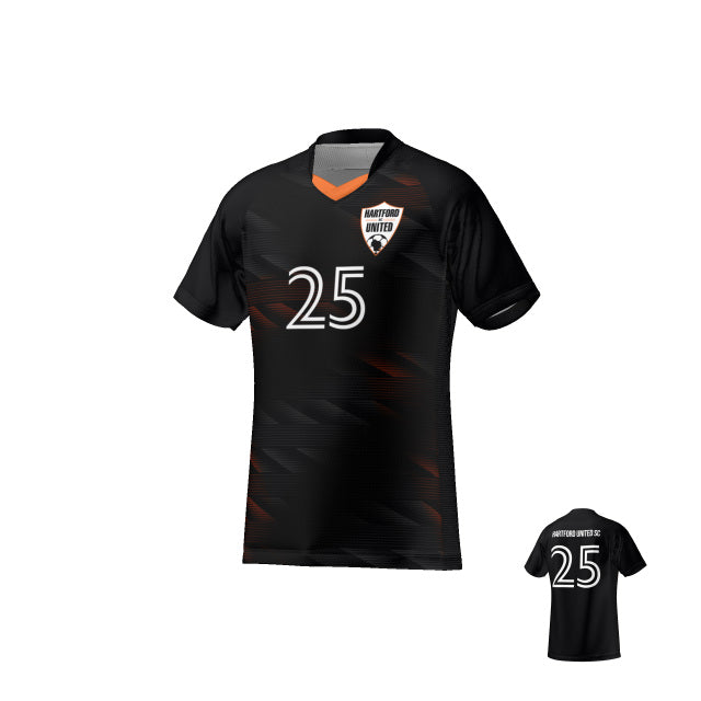 Front and back views of a black soccer jersey with orange accents, featuring the Hartford United crest and the number 25 in white outline.