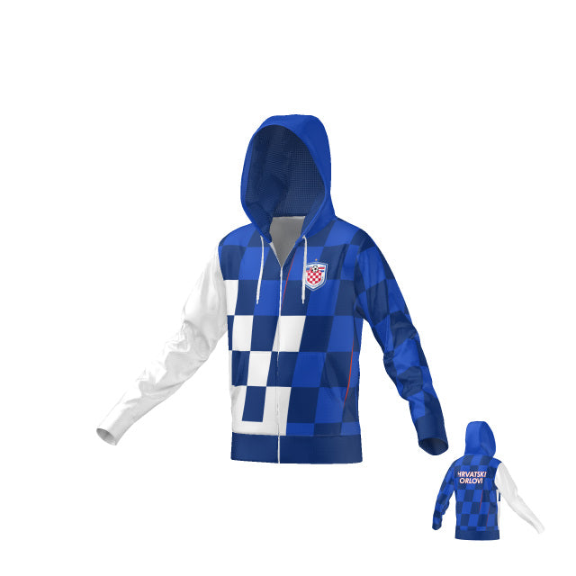 Mens Denver Full-zip Hoodie with a blue and white checkerboard pattern, featuring a crest on the left chest and the text "HRVATSKI ORLOVI" on the back.