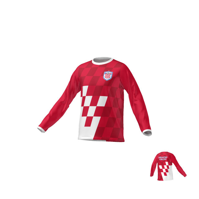 A front and back view of a red and white checkered Boys Phoenix LS Crew Neck with a team crest on the chest.