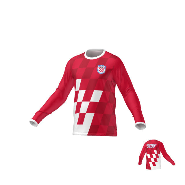 Mens Phoenix LS Crew Neck: a long-sleeved shirt with a red and white checkered design, white collar and cuffs, and a chest crest.