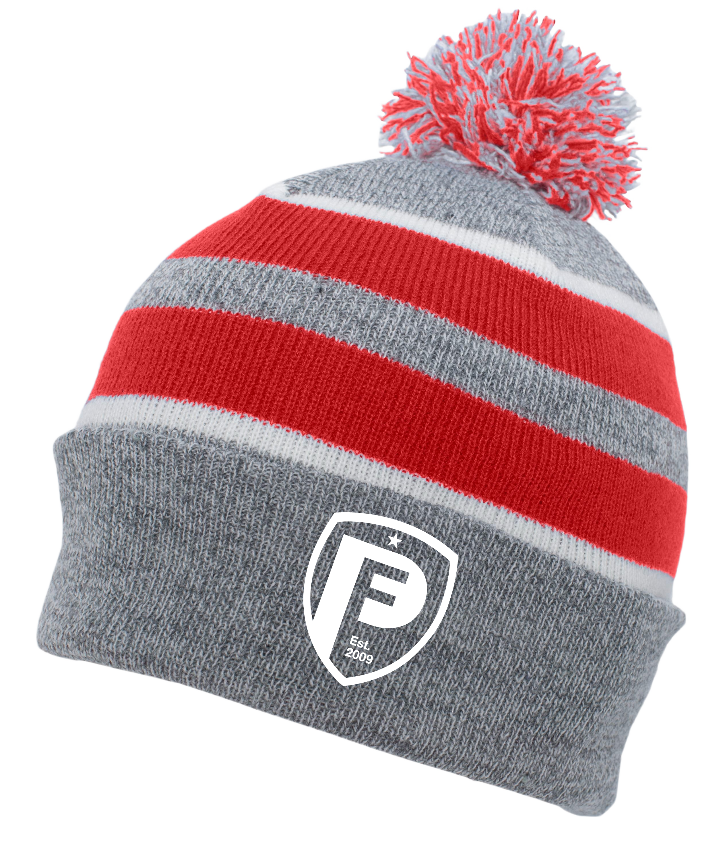 Gray and red striped knit beanie with a white shield logo featuring a stylized letter 'P' and a pom-pom on top.