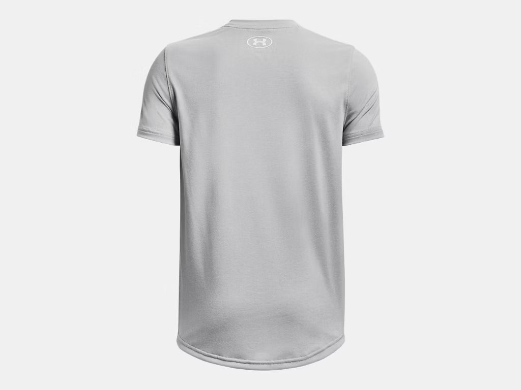 Back view of a light gray, short-sleeved Under Armour t-shirt with a small white logo on the upper back and a curved bottom hem.