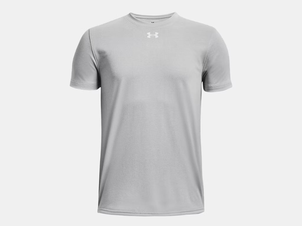 Light grey short-sleeved Under Armour t-shirt with a small white logo centered below the crew neckline.