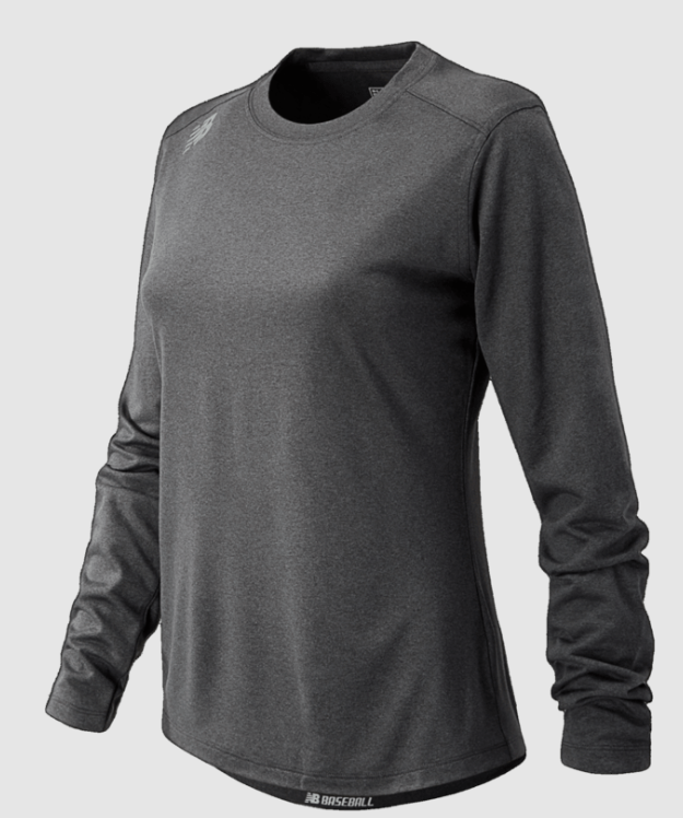 Dark grey heathered long-sleeve athletic shirt by New Balance Baseball featuring a crew neck and small logo on the shoulder.