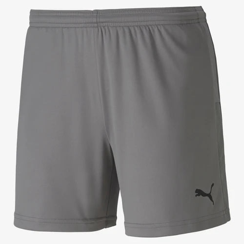 Grey Puma athletic shorts with a black logo on the lower right leg and a stitched elastic waistband.