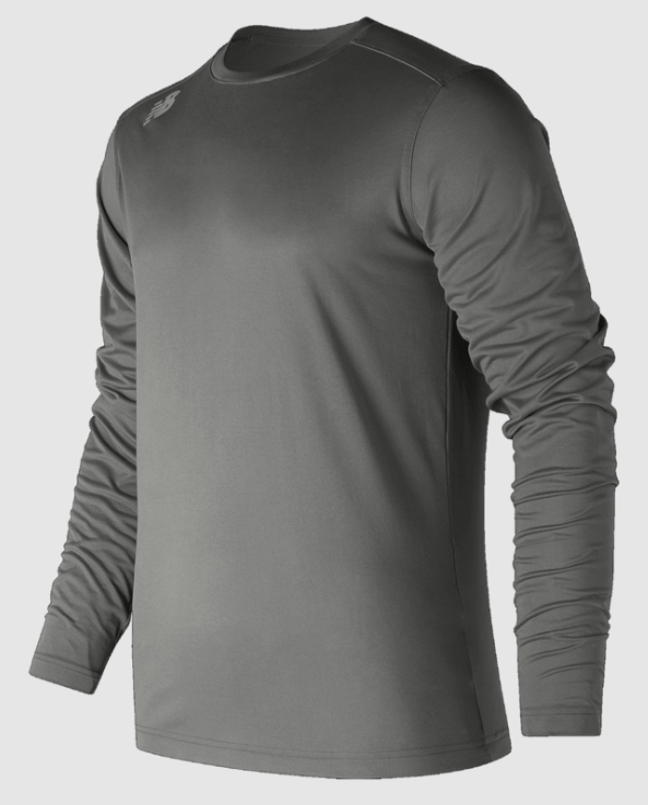 A dark grey New Balance long-sleeved athletic shirt with a crew neck and a small logo on the right shoulder.