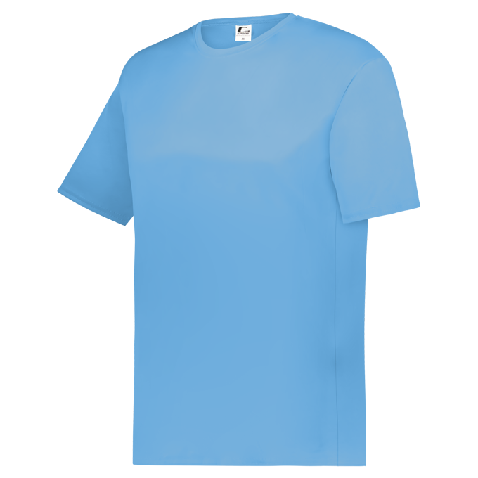 A plain light blue short-sleeved athletic crew-neck t-shirt on a white background.