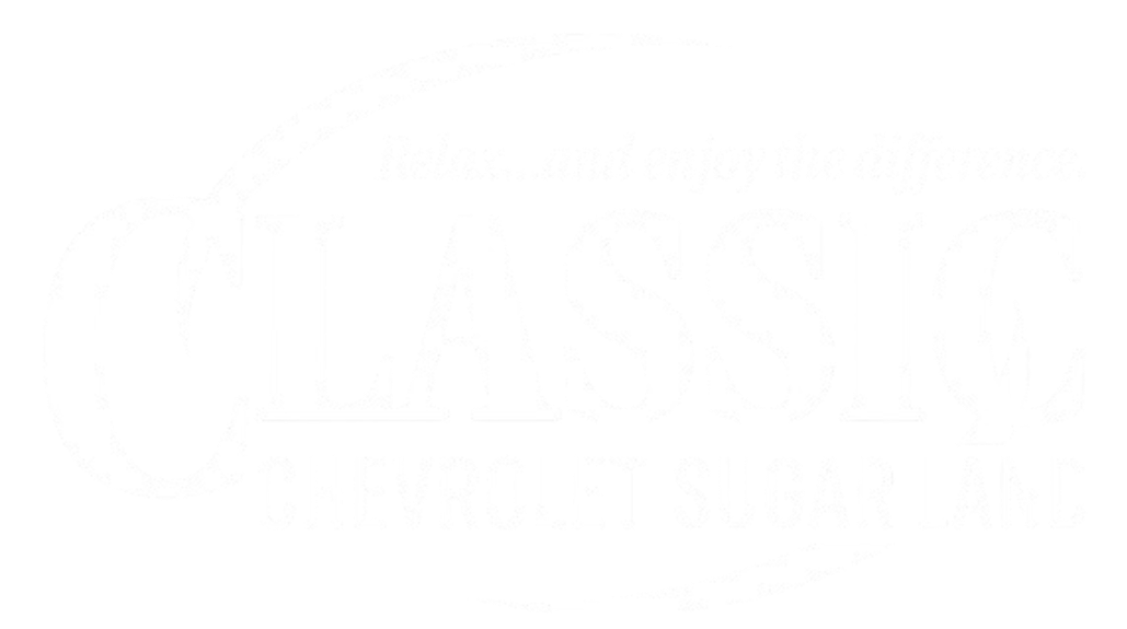 Classic Chevrolet Sugar Land logo with slogan "Relax...and enjoy the difference." White text and stylized curved accents on a black background.