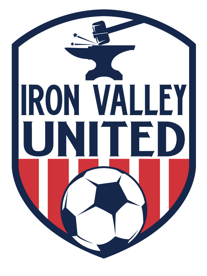 Shield logo for Iron Valley United featuring an anvil and hammer, the team name, and a soccer ball over red and white vertical stripes.