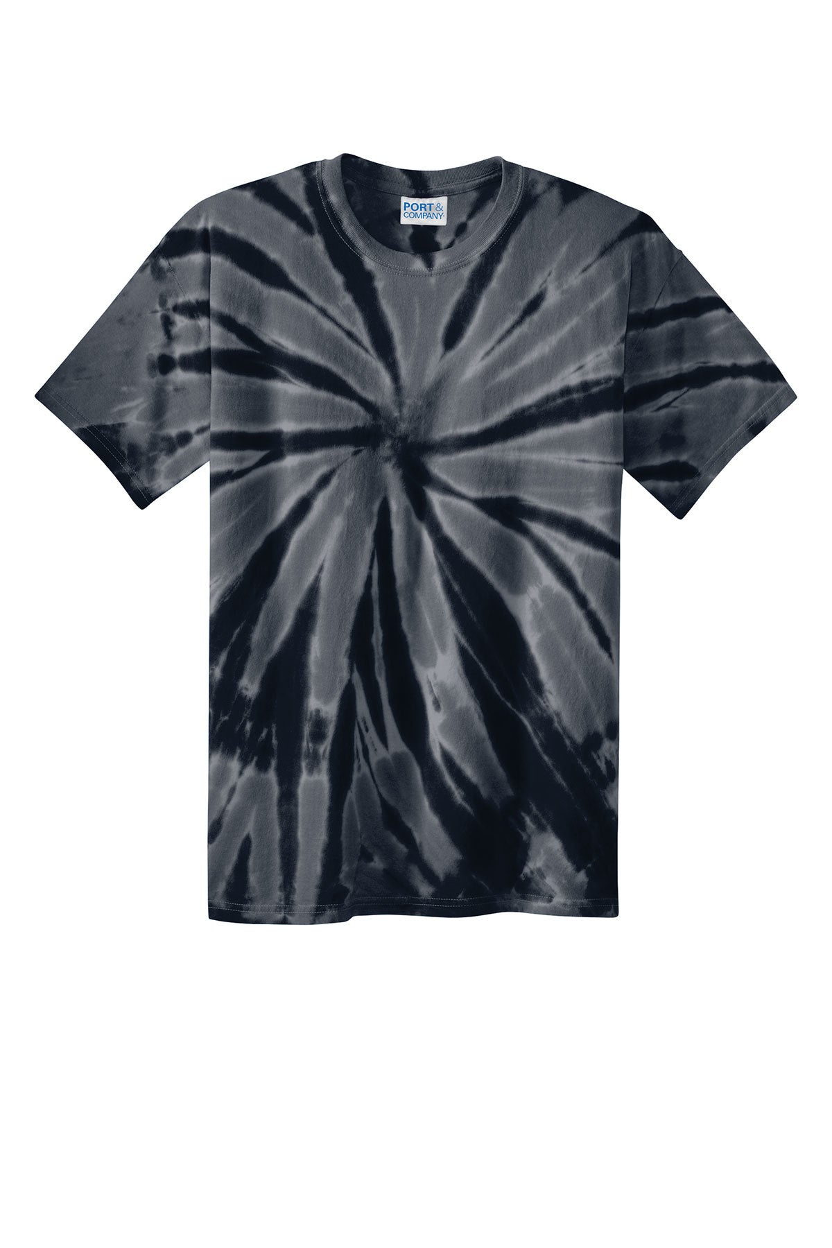 A short-sleeved Port & Company t-shirt featuring a monochromatic grey and black spiral tie-dye pattern against a white background.