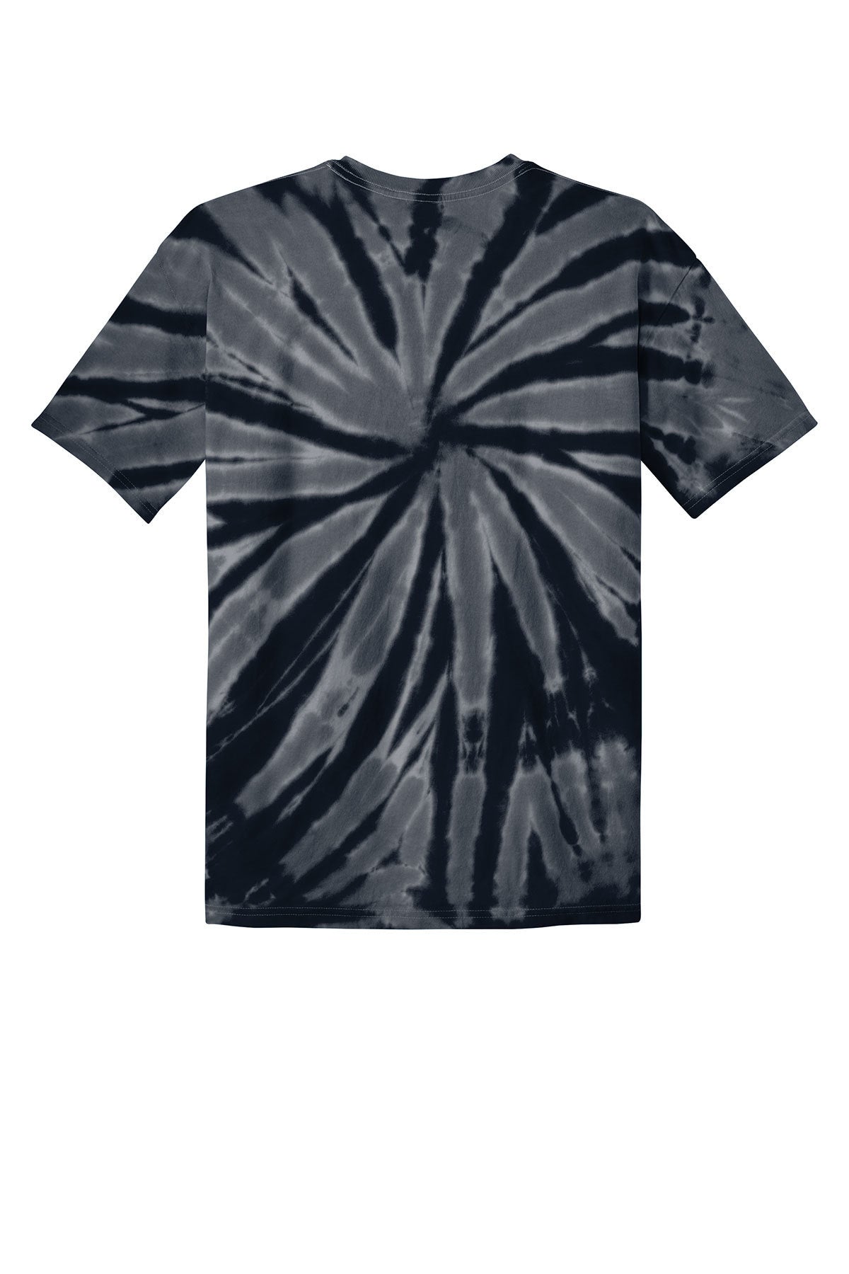 Back view of a short-sleeved t-shirt featuring a spiral tie-dye pattern in shades of black and charcoal gray against a plain white background.