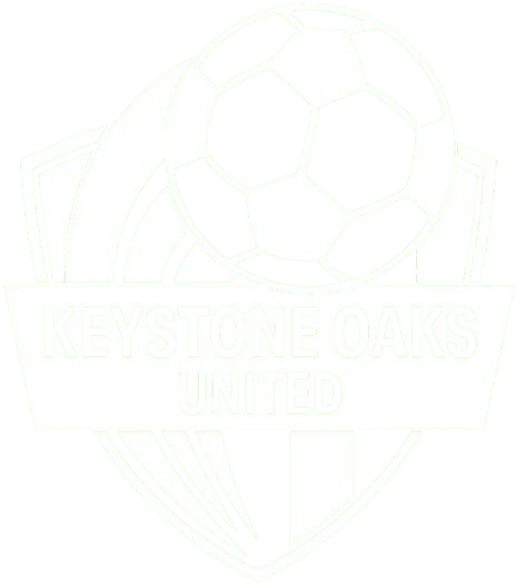 White soccer logo for Keystone Oaks United, featuring a soccer ball above a central banner with the club's name, set against a shield backdrop.
