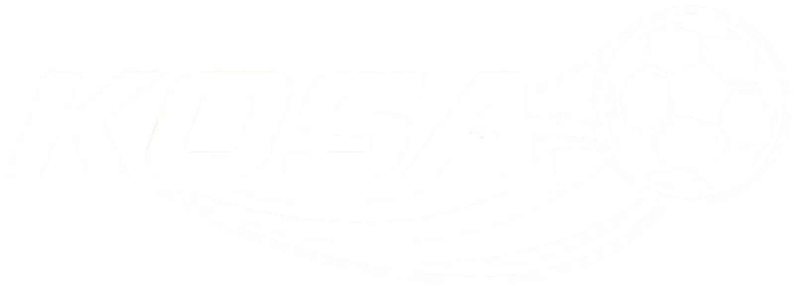 A logo for KOSA featuring bold, italicized white text followed by a soccer ball with trailing motion lines.