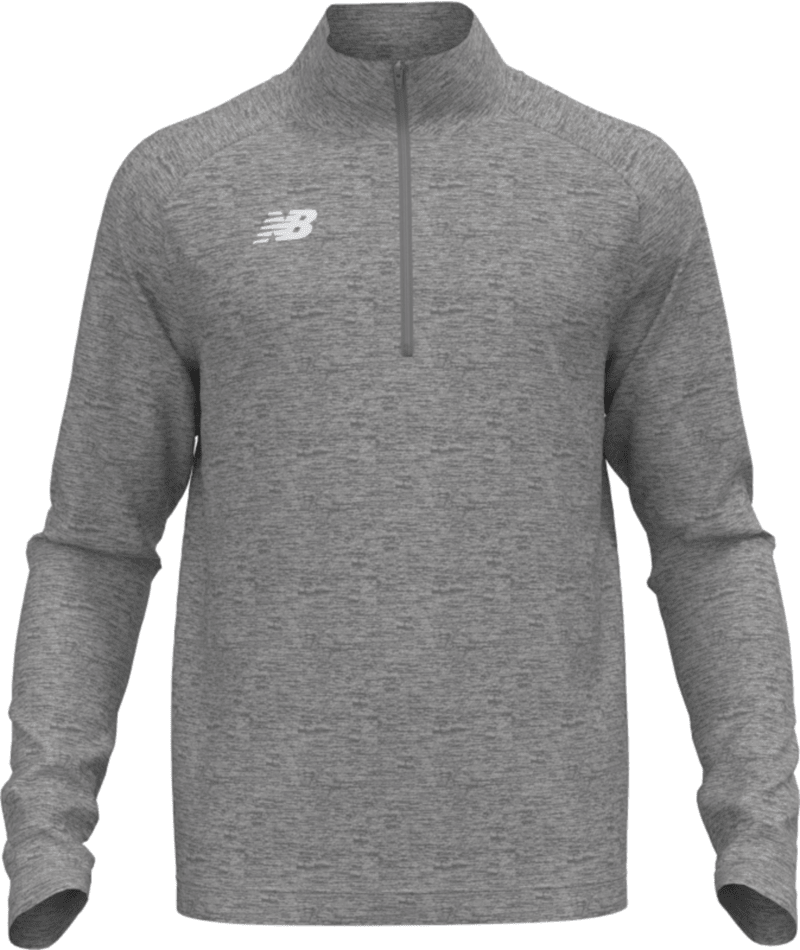 Grey heathered New Balance long-sleeve quarter-zip pullover with a white logo on the chest.