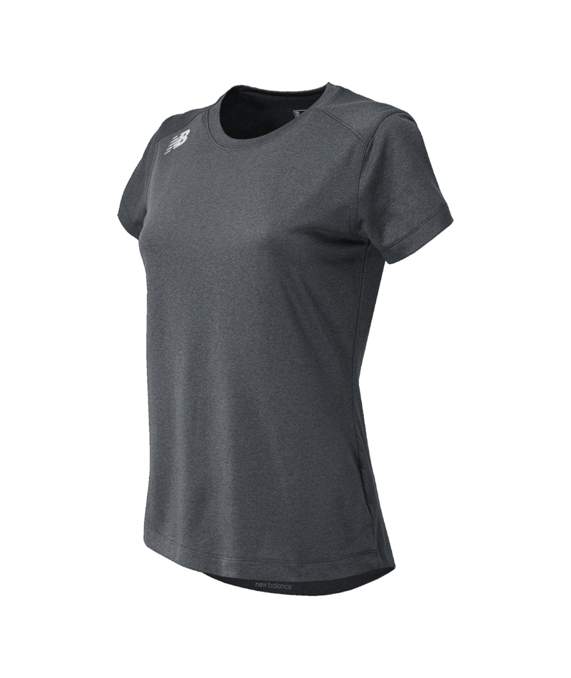 Charcoal gray heathered women's athletic t-shirt with short sleeves and a white New Balance logo on the upper chest, displayed against a green background.