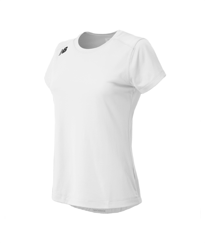 White women's New Balance athletic crew neck t-shirt with short sleeves and a black logo on the chest.
