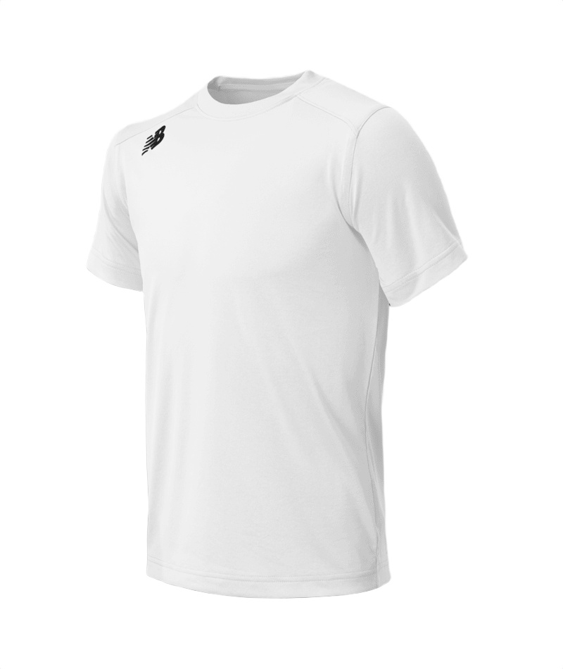 White short-sleeve athletic t-shirt with a small black New Balance logo on the upper chest, displayed against a solid black background.