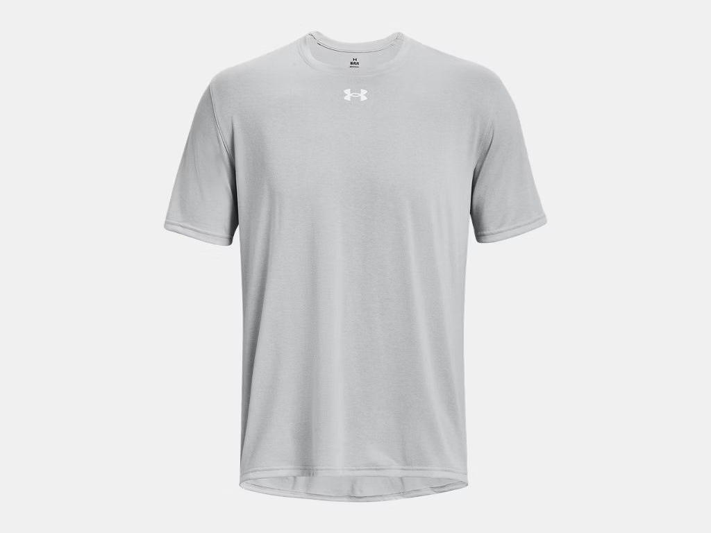 Light gray Under Armour short-sleeve athletic t-shirt with a white logo centered below the crew neck.