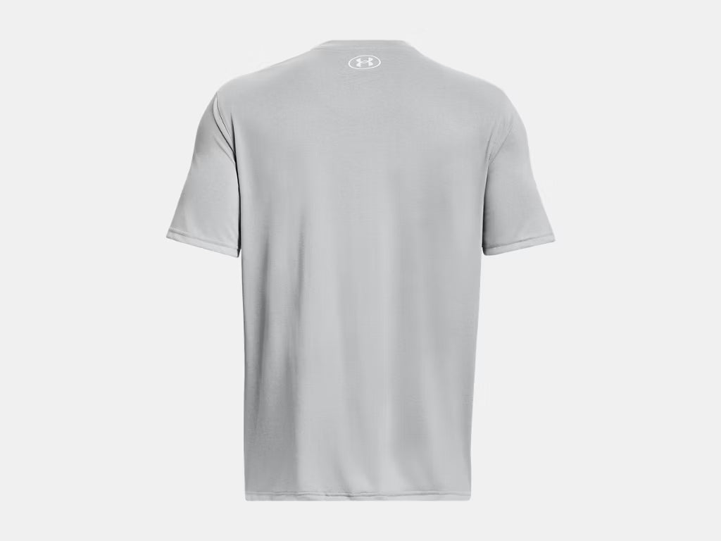 Back view of a light grey short-sleeved t-shirt with a small white Under Armour logo on the upper back.