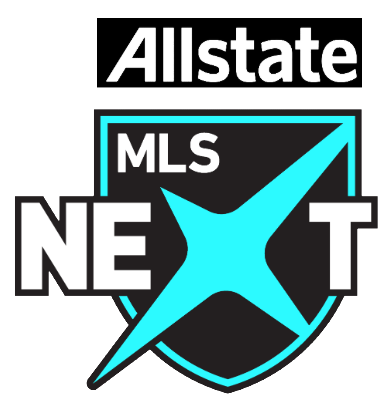 Logo for Allstate MLS NEXT, with white text above a black shield containing a large cyan X that forms part of the word NEXT.