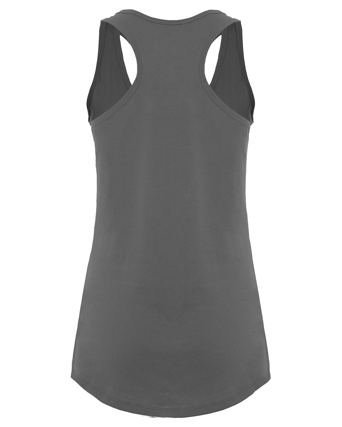Rear view of a dark grey racerback tank top.