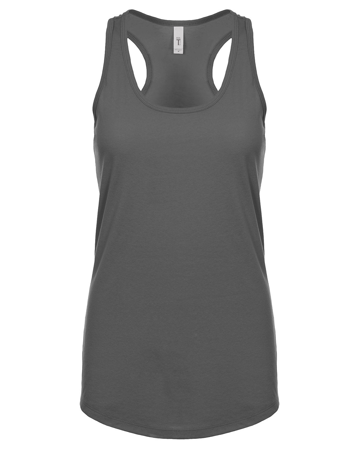 A charcoal gray racerback tank top featuring a scoop neckline and a slim, athletic fit.