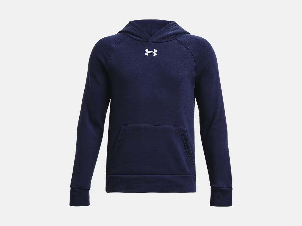 Navy blue Under Armour pullover hoodie with white logo on chest and kangaroo pocket.