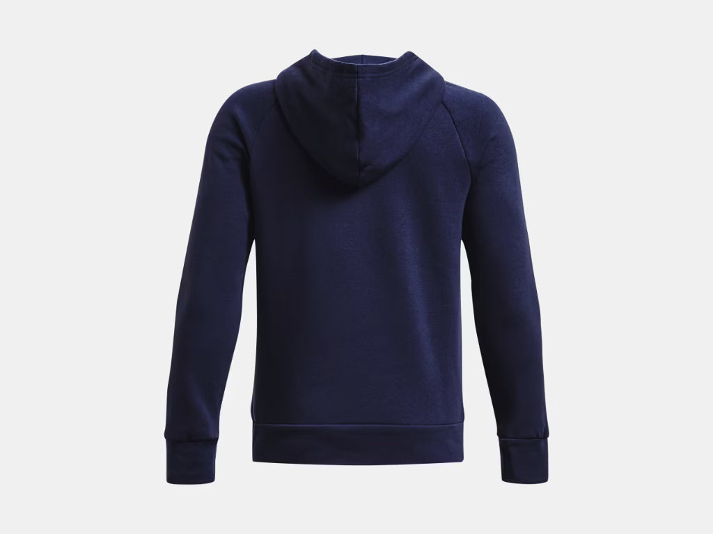 Back view of a navy blue pullover hoodie with a hood, long sleeves, and ribbed cuffs.