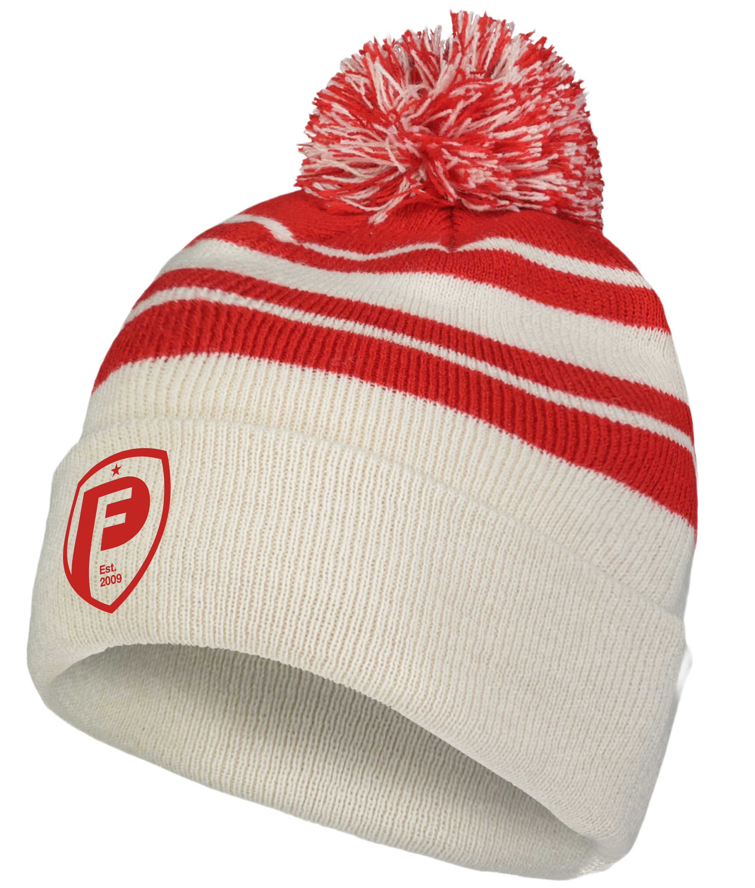 Red and cream striped knit beanie with a pom-pom and a shield-shaped logo featuring a stylized "P" and "Est. 2009" on the folded cuff.