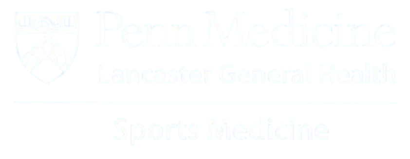 White logo for Penn Medicine Lancaster General Health Sports Medicine, featuring a university shield, on a black background.