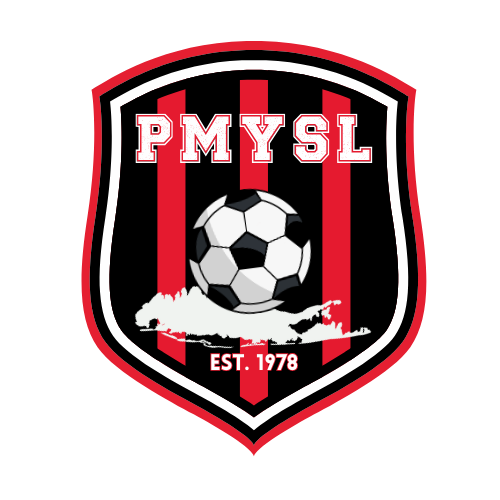 Shield logo for PMYSL featuring red and black stripes, a soccer ball over a Long Island map silhouette, and the text "EST. 1978" at the bottom.