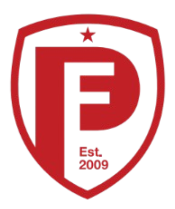 Red and white shield logo featuring stylized letters 'P' and 'F', a small red star, and the text "Est. 2009".