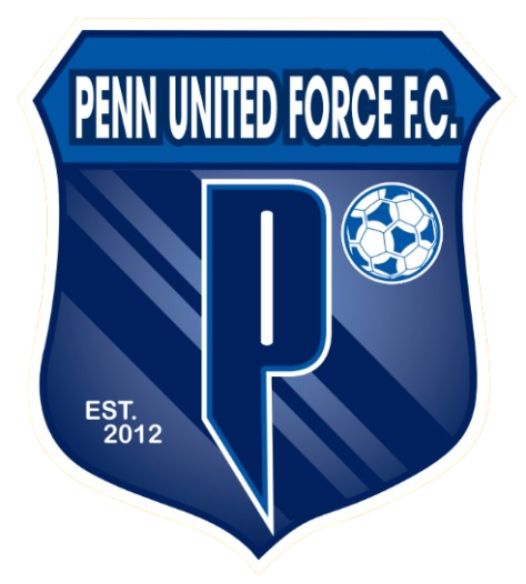 Blue shield logo for Penn United Force F.C. with a large central 'P', a soccer ball icon to the right, and "EST. 2012" on the bottom left.